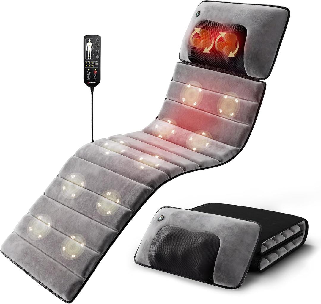 Full Body Massage Mat with Heat, Detachable 3D Neck Massager, Grey Premium Plush Foldable Heated Pad for Back and Thighs, Stress Relief Home Office