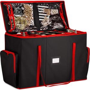 ZOBER All in One Christmas Ornament Storage Box & Decoration Container - Easy Access Removable Trays, Keeps 73 Ornaments - Adjustable Extent Area for Figurines and Pockets for Decoration - Black