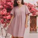 ROYLAMP Women's Elegant Pleated Dress V-Neck Oversized Flutter Sleeves Summer Shift Casual Mini Dresses with Pockets (Pink, M)