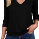 3/4 Length Sleeve Womens Tops V Neck Blouse Banded Bottom Shirts Fashion Tunic 2026 Fall Tees Spring Summer Clothes (Medium, Black)