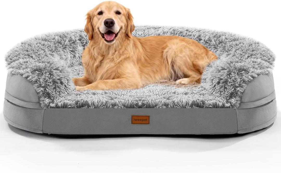 Fluffy 3.7 inch Thickened Orthopedic Dog Beds for Extra Large Dogs, Supportive Dog Sofa Bed with 28D Egg-Crate Foam, Removable Washable Cover, Waterproof Lining, Cozy Oval Design,Grey