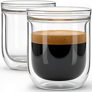 Aquach Double Wall Glass Espresso Coffee Cup 8 oz. 2pcs, Clear Drinking Glasses Insulated, Single Wall Mouth/Double Wall Body