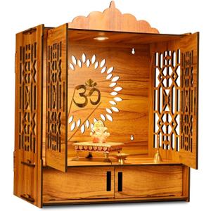 Wooden Pooja Temple for Home Pooja Office Puja Mandir Diwali Gift Iten Religious Item with LED Light and Wall Mounts Pooja Mandir for Home (H-21, L-16, B-10 inch)