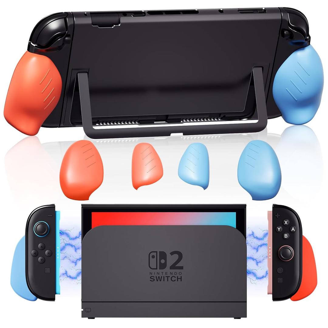 Lainergie 9-IN-1 Switch 2 Grip Case, Ergonomic Grip Hard Shell with Replaceable Grips [to fit All Hands Sizes], Dockable Handheld Shell Set for Nintendo Switch 2 2025, Neon Blue (L) + Neon Red (R)