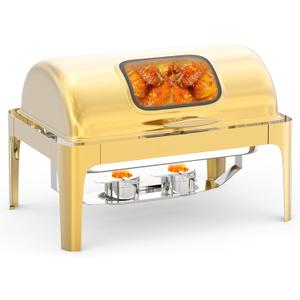 Roll Top Chafing Dish for Buffet, 9QT Retangle Stainless Steel Chafer Catering Food Warmer Server with Visible Lid Water Pan Stand Fuel Holder Clip,for Parties, Birthday, Hotels and Weddings, Gold