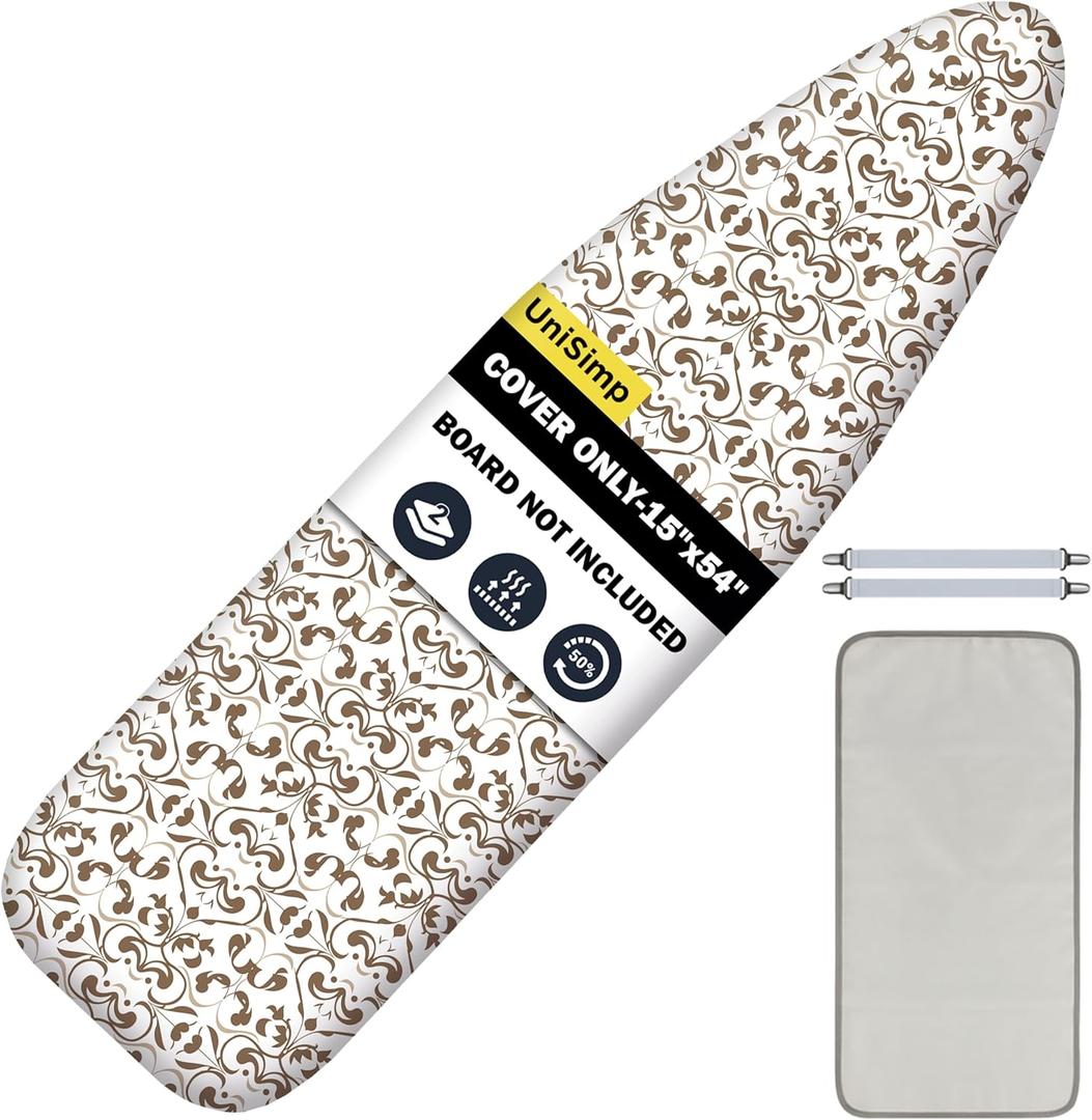 Ironing Board Cover and Pad 15X54 - Extra Thick Natural Cotton, Scorch & Stain-Resistant Padding, Standard Size Iron Board Cover with Metal Fasteners Heavy Duty Elastic Edge, Heatproof (Mocha Scroll)