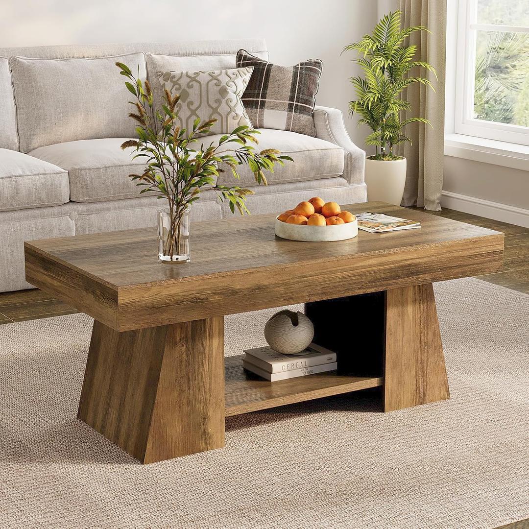 Tohomeor Coffee Table, 47.24" Farmhouse Wooden Rectangular Accent Center Tables with Storage Shelf Thick Base for Living Room, Home Office, Retro Brown