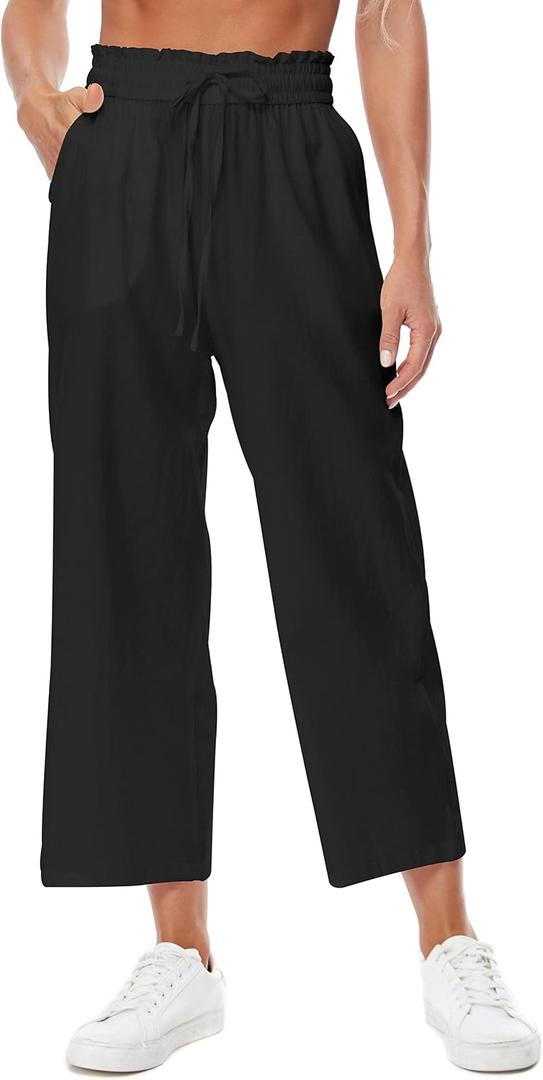 Womens Linen Pants Wide Leg High Waisted Drawstring Casual Flowy Pants with Pockets (Black, M)