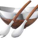 Decorative Acacia Wood & Silver Serving Bowl With Two Servers, Fork & Spoon, Stainless Steel Metal & Brass, Dark Wooden Trim Accent Basket Salad Fruit, Potpourri Living, Dining Room Table Home Decor