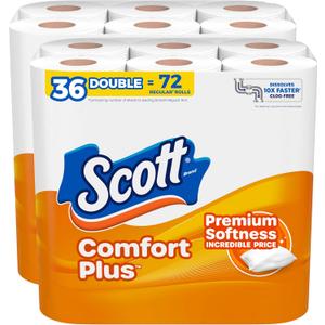 Scott ComfortPlus Toilet Paper, 36 Double Rolls, 231 Sheets per Roll, Septic-Safe, 1-Ply Toilet Tissue