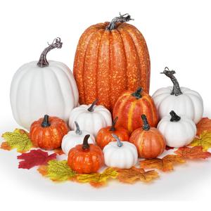 DearHouse 12Pcs Thanksgiving Artificial Pumpkins Set Clearance, Fall Pumpkins with Maple Leaves for Autumn Thanksgiving Holiday Home Decor