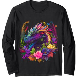 Watercolor Dragon Flowers Beautiful Art Colorful Graphic Long Sleeve T-Shirt, Large