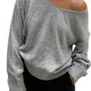 Women's V Neck Knit Sweater Long Sleeve Lightweight Off The Shoulder Sweaters Pullovers Trendy (S)