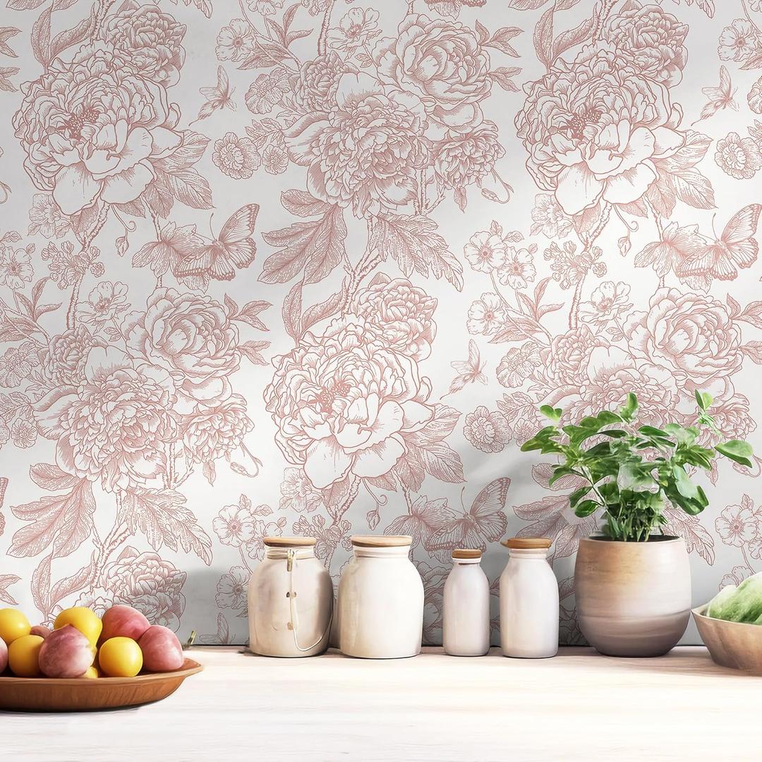 Safiyya Floral Peel and Stick Wallpaper Boho Pink and White Contact Paper 17.3''197'' Peony Removable Self Adhesive Wallpaper for Bedroom Bathroom