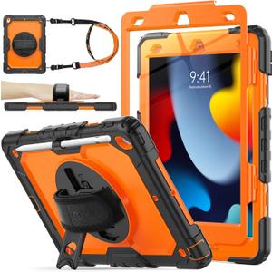 SEYMAC stock Case for iPad 9th/ 8th/ 7th Generation 10.2'', Shockproof with Screen Protector, Pencil Holder [360 Rotating Hand Strap] & Stand, for iPad 10.2 inch 2021-2019 (Bright orange)