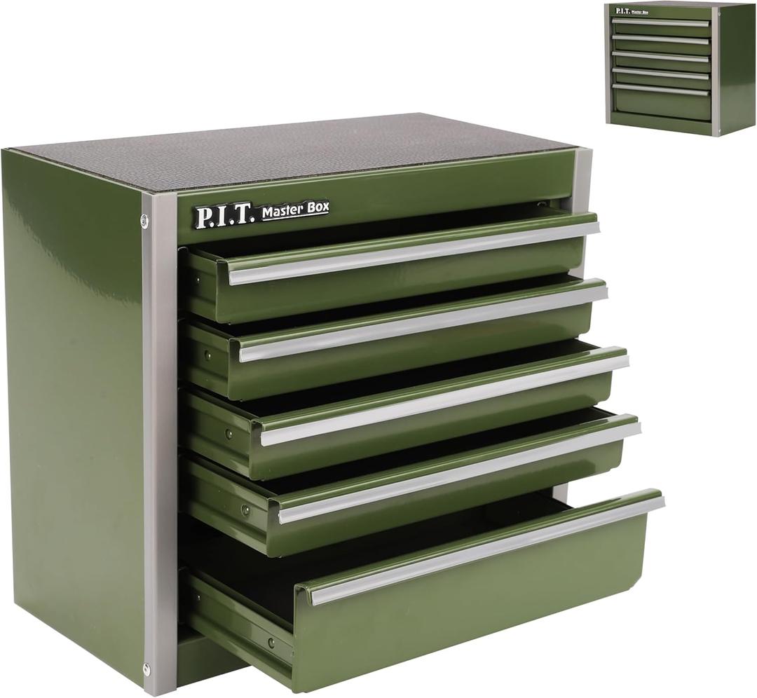 P.I.T. Mini Army Green Tool Box, Portable 5-Drawer Micro Roll Cab Steel Tool Box with Liner, Army Green Small Tool Case for Tools Storage, Home DIY
