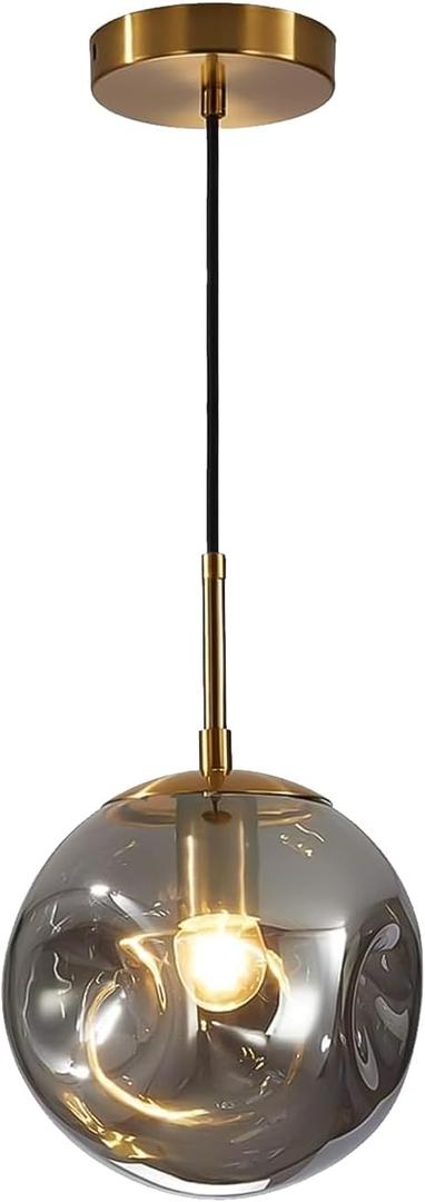 BOKT 1-Light Large Brass Gold Globe Pendant Light Mid Century Smoke Gray Glass Pendant Lighting Kitchen Island Ceiling Hanging Light Fixture Modern Chandelier Pendant Light (9.8-Smoke Gray)