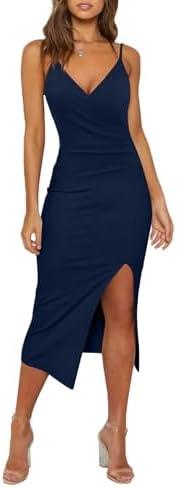 WAYMAKER Women's Sexy V Neck Spaghetti Strap Sleeveless Wrap Ruched Side Slit Bodycon Cocktail Party Wedding Guest Dress L