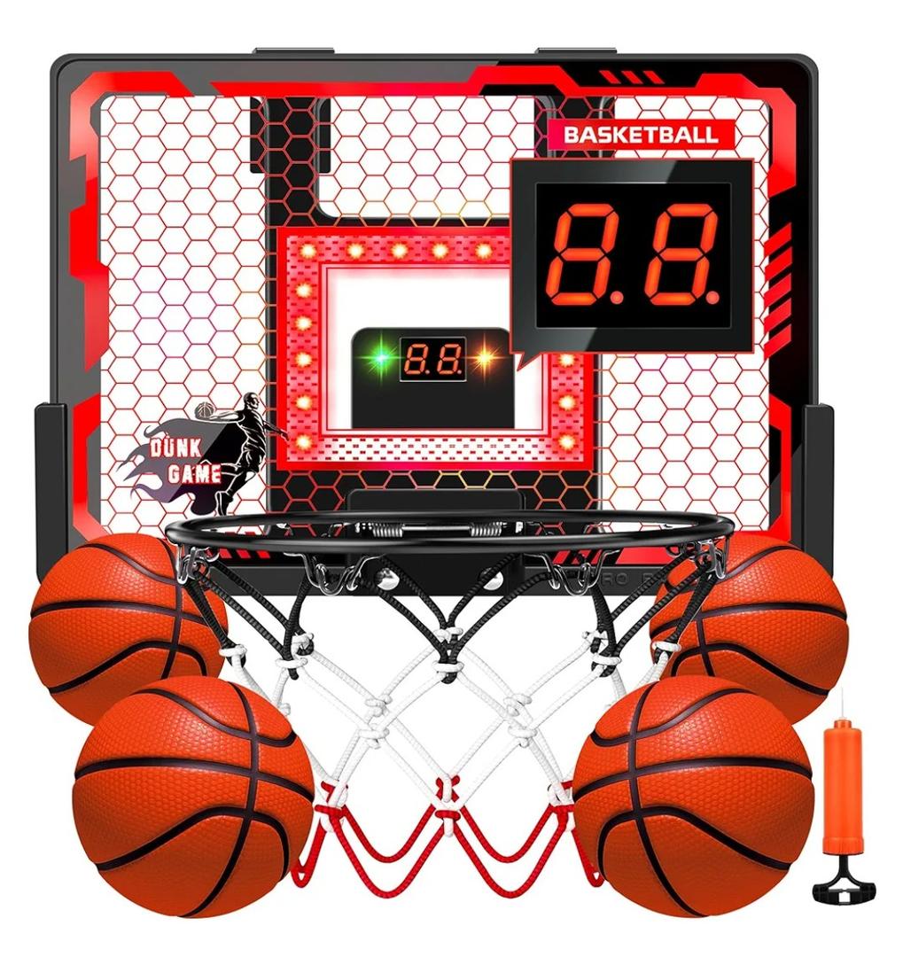 Indoor Basketball Hoop Pro for Kids, Over The Door Basketball Hoop with LED Light/Scoreboard/4 Balls- Upgraded Anti-Impact Backboard, Basketball Toys Gifts for 6 7 8 9 10 11 12 Year Old Boys
