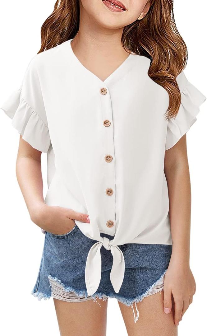 Girls Ruffle Short Sleeve Shirts V Neck Tie Front Knot Tops Button Cute Tunic Shirts Blouse, 160