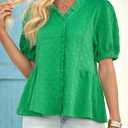 Cicy Bell Womens Peplum Puff Sleeve Tops Dressy Casual Summer Textured Blouses V Neck Ruffle Pleated Shirts Green (Green, M)