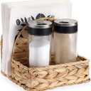 Sumnacon Wicker Napkin Holders with Salt and Pepper Shakers Caddy, Standing Napkin Dispenser with Condiment Tray, Farmhouse Upright Napkin Basket for Kitchen Dining Table Centerpiece (No Shakers) (6.3x6.3x5.6 Inch)