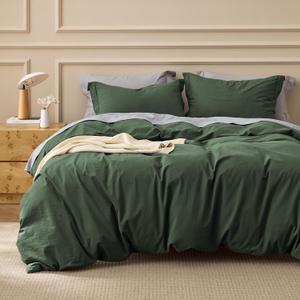 Bedsure 100% Washed Cotton Duvet Cover King Size - Olive Green Minimalist Cotton Duvet Cover Linen Like for All Seasons - GentleSoft Plain Simple Bedding (Olive Green, King, 104"x90")