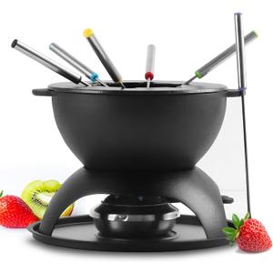 Artestia Cast Iron Fondue Pot for Chocolate, 5-Cup Cheese Fondue Pot with 6 Colored Forks for Fondue Party, 4-6 Person, Black