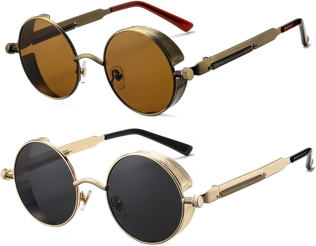 HJSTES Vintage Round Steampunk Sunglasses for Women Men Circle Gothic Glasses Retro Metal Frame (2 Pack (Brown Lens/Bronze+black Lens/Gold))
