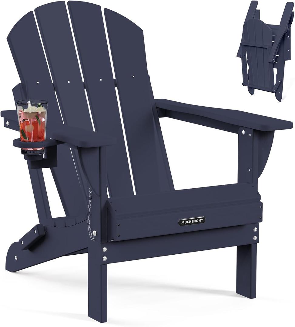 MUCHENGHY Folding Adirondack Chairs, Patio Chairs, Lawn Chairs, Outdoor Chair, Adirondack Chair Plastic, Fire Pit, Weather Resistant with Cup Holder for Deck, Backyard, Garden(Dark Navy Blue), 20.87 inches x 34.84 inches x 6.1 inches