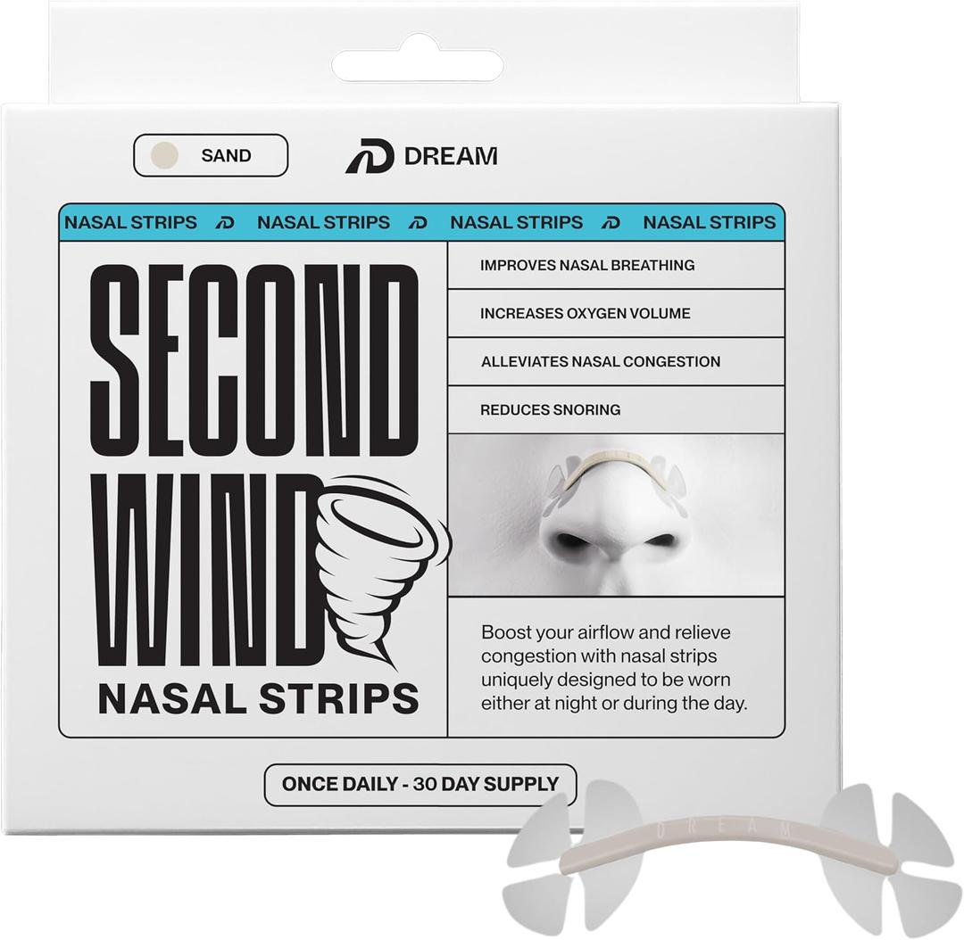Dream Recovery Second Wind Nasal Strips - Nose Strips for Breathing, Sleep and Athletic Performance - Snore Relief and Congestion Support - Sand, 30 Count