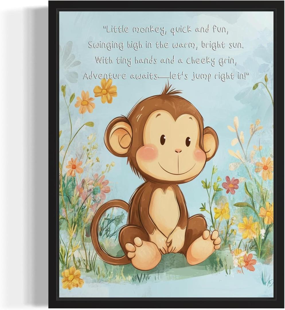Monkey Art Print Poster with Poem, Animals Nursery Wall Decor Cute Wild Animals Artwork For Baby Bedroom Kids Room Home Decoration Gallery 11 (Monkey, 8 x 10 inches, Unframed)