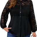 Plus Size Blouse for Women - Elegant Lace Flowy Tunic Tops Dressy Casual Long Sleeve Button Down Shirts (Black, XXL)