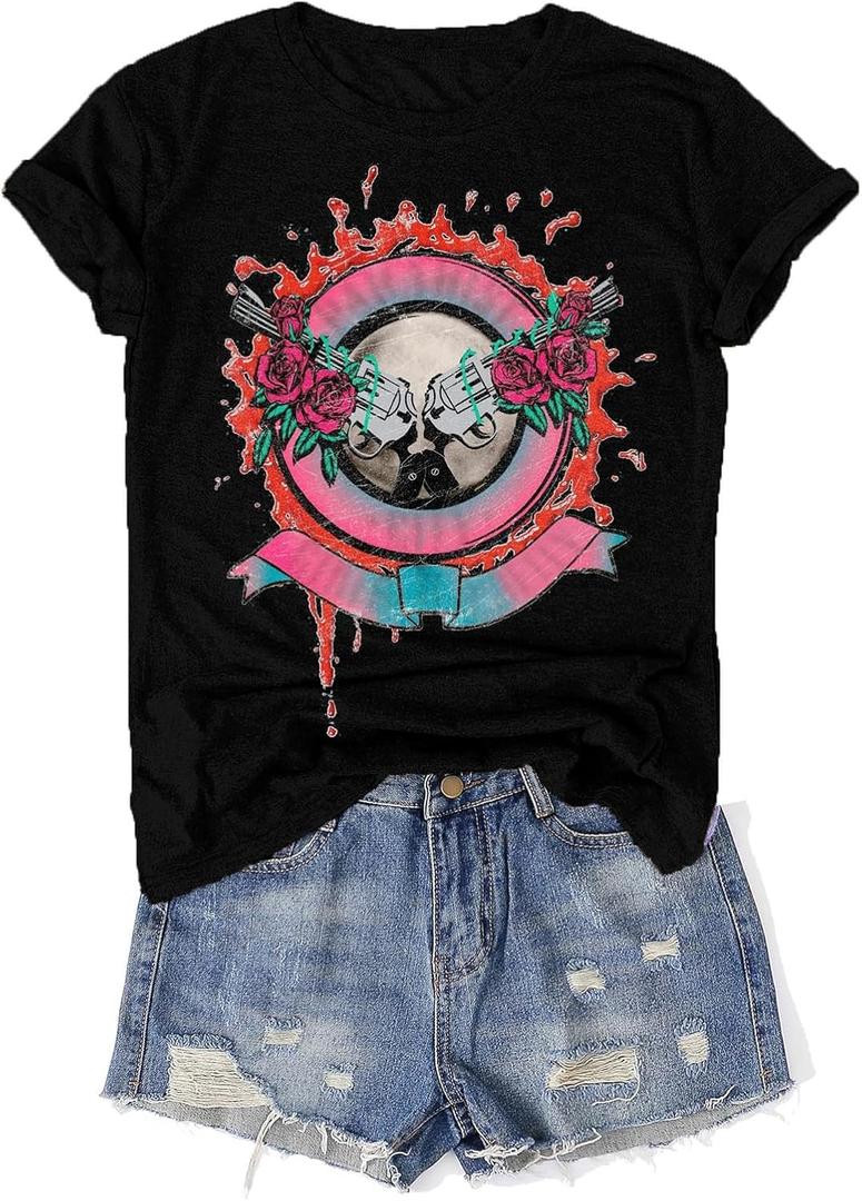 Vintage Band Shirt for Women Retro Rock and Roll Graphic Tee Country Music Concert T Shirt Casual Short Sleeve Tops (Medium, Black-10)