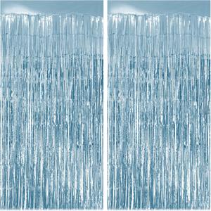 2 Pack Light Blue Fringe Backdrop, 3.2x8.2ft Shining Foil Tinsel Curtains, Birthday Party Decorations Door Streamers for Halloween, Christmas, Wedding, Graduation, Holiday, Theme Events