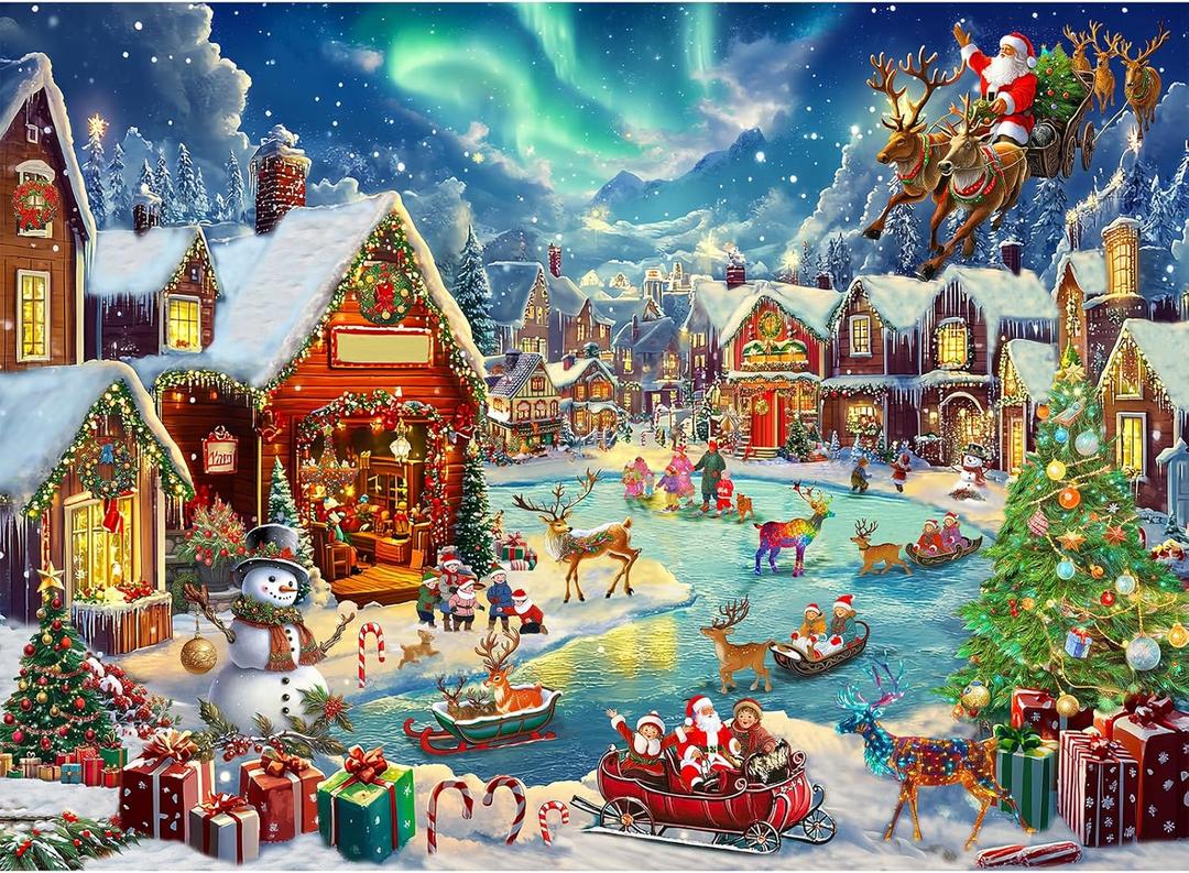 Christmas Village Winter 500 Pieces Puzzle for Adults Snow Night Scene with Northern Lights Holiday Beautiful Ice Skating Jigsaw Puzzle Perfect for Family Challenges Seniors- 21x15 Inches