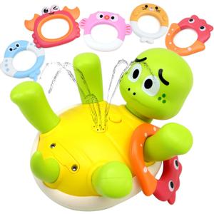 CORPER TOYS 2 in 1 Toss & Water Spraying Rechargeable Turtle Bath Toy for Toddlers, with 5 Colorful Animal Rings Floating Turtle Baby Bathtub Toy for Pool Water Table Play for Kids Gift