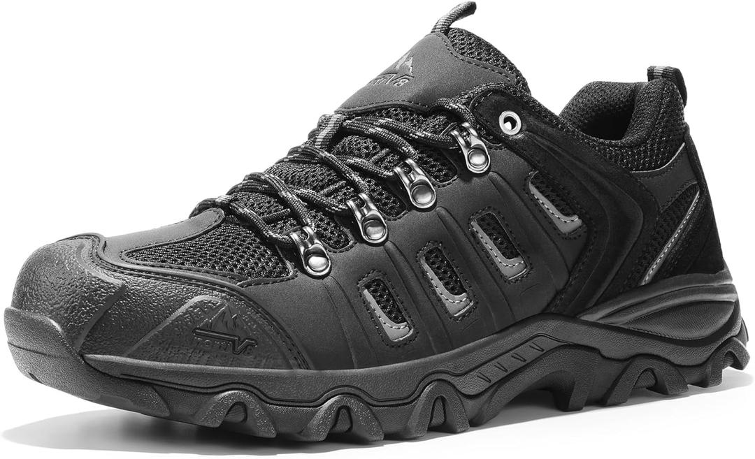 NORTIV 8 Men's Waterproof Hiking Shoes Leather Low-Top Hiking Shoes for Outdoor Trailing Trekking Camping Walking Quest (10.5, Black/Grey-pu)