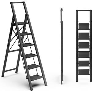 SOLADDER 6 Step Ladder for 12 Feet High Ceiling, Folding Step Stool with Handgrip & Anti-Slip Wide Pedal, Portable Lightweight Aluminum Stepladder for Kitchen, Home (300 lbs Capacity) - Black