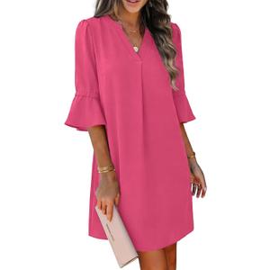 RUMIA Shift Dress for Women V Neck Ruffle Sleeve Loose Summer Office Work Casual Dress (Pink, M)