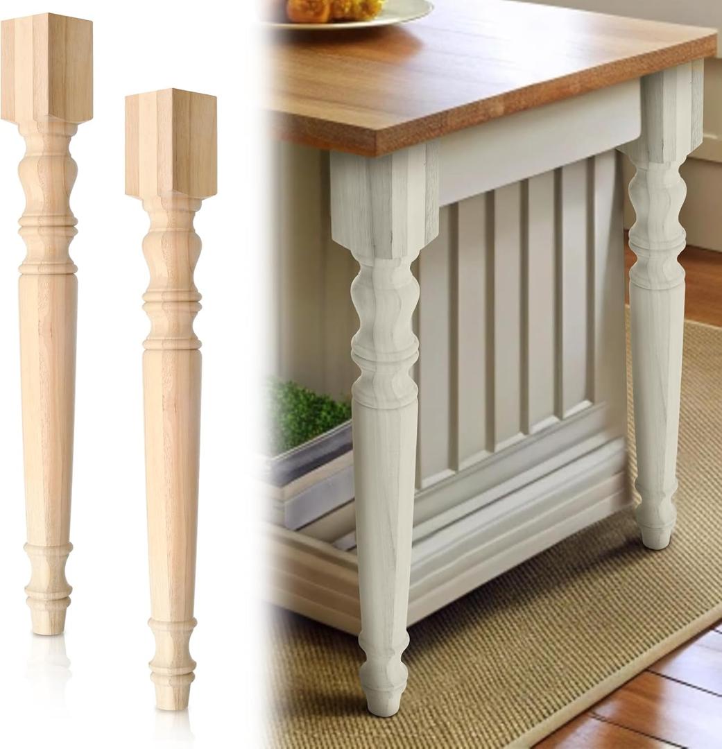 2 Pcs Unfinished Kitchen Island Legs Farmhouse Solid Wood Table Legs Rubberwood Replacement Raised Panel Cabinet Column (35.4" H X 3.7" W X 3.7" D, Classic Style)