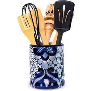 Talavera Utensil Holder - Hand Painted Ceramic Spoon Crock - Colorful Utensil Crock - Large Mexican Spoon Rest 6" H (White & Blue)
