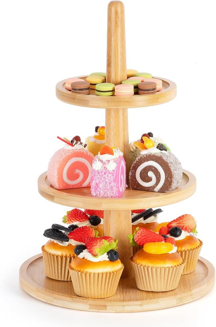 Cupcake Stand, Cupcake Tower, Tiered Tray Stand, 3 tier Cupcake Stand Cupcake Display Pastry Serving Tray Platter for Wedding Tea Birthday Party, Bamboo, 10'' (CSB9.5-3)