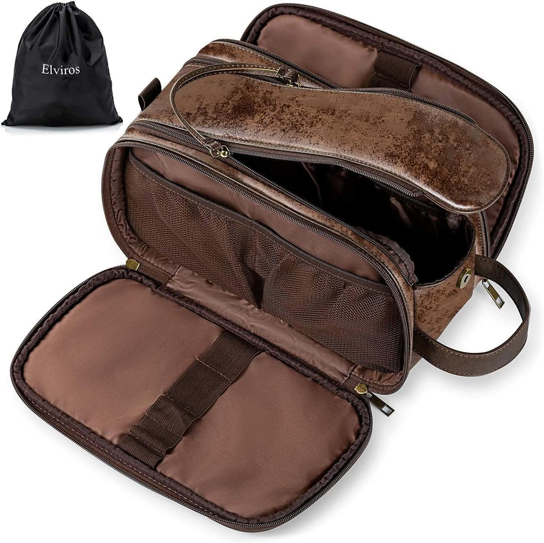 Elviros Toiletry Bag for Men, Large Travel Shaving Dopp Kit Water-resistant Bathroom Toiletries Organizer PU Leather Cosmetic Bags Fathers Day Gift (Medium, Chocolate) (Medium (Pack of 1), Dark Coffee)