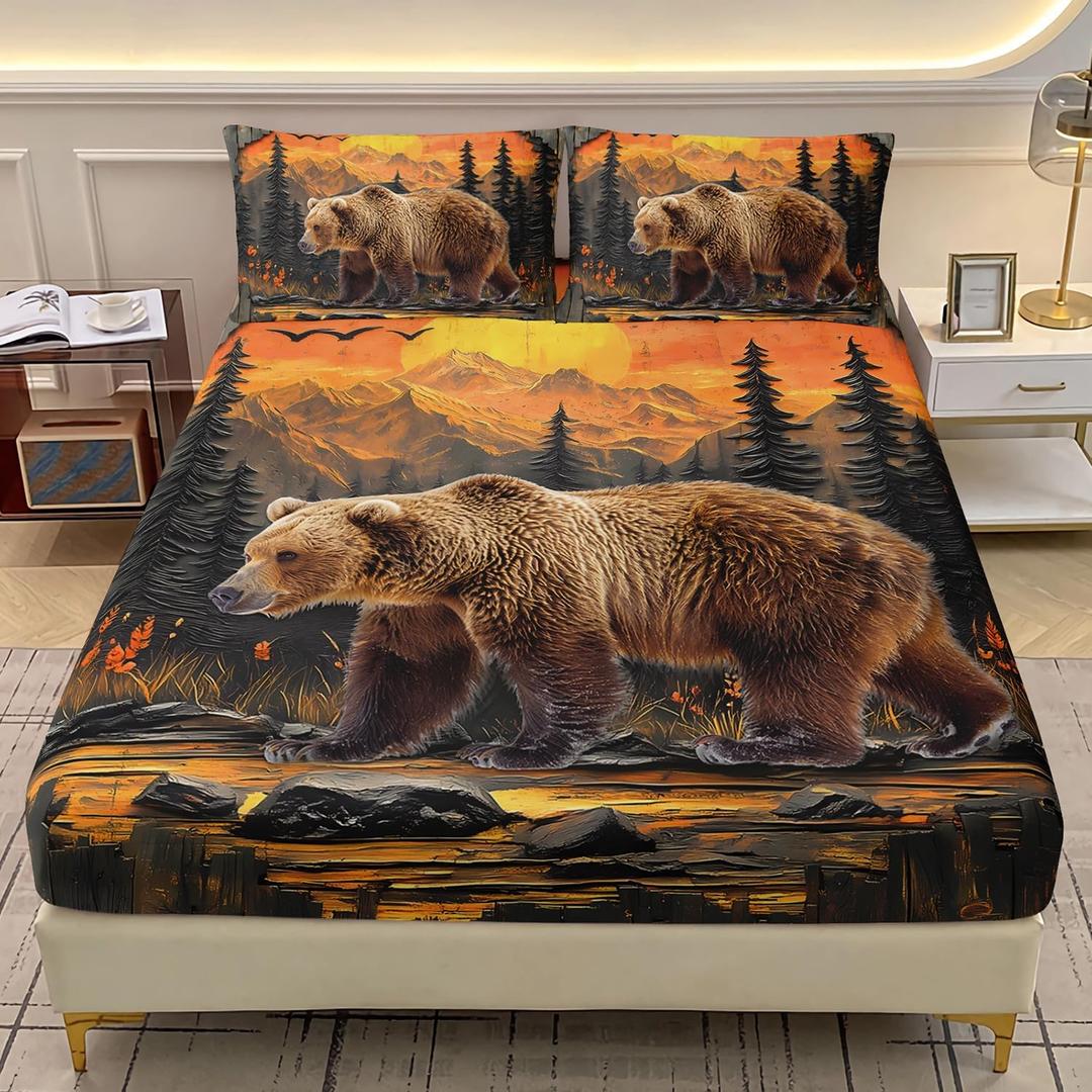 AILONEN Rustic Bear Bedding Set Twin Size,Wildlife Hunting Fitted Sheet with 2 Pillowcases,3 Pieces Woodland Pine Forest Animal Sheet Set
