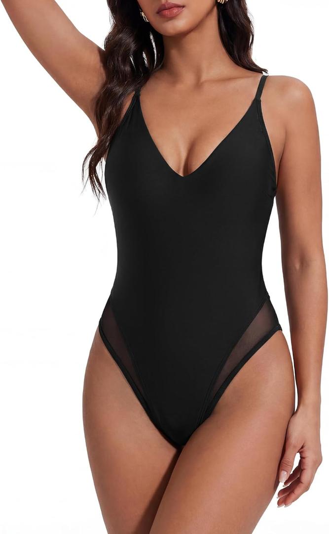 SUUKSESS Womens Tummy Control Bathing Suit V Neck Open Back One Piece Swimsuits (Small, 199black Mesh)