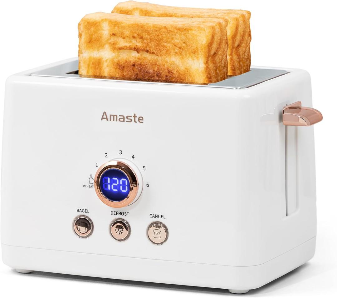 2 Slice Toaster, Retro Bread Toaster with LED Display, Extra Wide Slots Toasters with 6 Bread Shade Settings, Bagel, Cancel, Defrost Function, Stainless Steel with High Lift Lever, Removal Crumb Tray (Elegant White with Rose Gold)