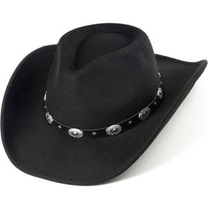Women & Men Felt Western Cowboy Hat Classic Roll Up Brim Belt Buckle Cowgirl Fedora (M-L)