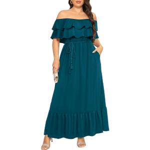 Plus Size Off The Shoulder Maxi Long Casual Layered Ruffle Beach Sundress Women Pocket 2024 Teal 18 Plus