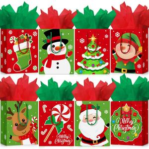 Cholemy 16 Pcs Medium Thick Christmas Gift Bags with Tissue Paper Christmas Kraft Paper Goodie Bags with Handles for Xmas Gift Wrapping Holiday Party Supplies 10 x 8 x 4.4 Inch(Lovely)